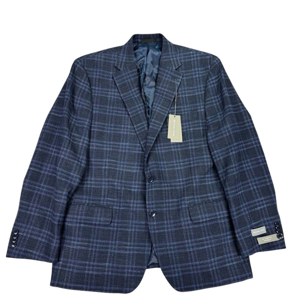 Michael Kors Mens Kent Classic Fit Stretch Plaid Sport Coat Midnight Navy 44R